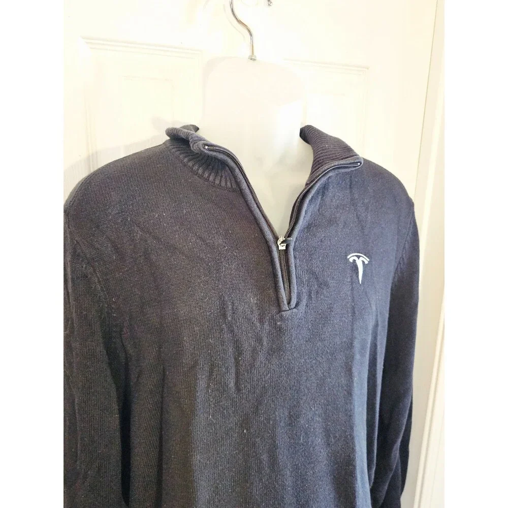 Tesla 1/4 Zip Sweater Pullover Long Sleeve Mens Large Black Cotton Blend Auto